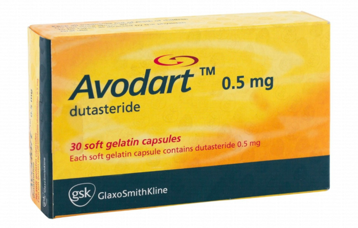 Avodart 0.5 mg dutasterid 30 yumuşak kapsül içeren ilaç kutusunun ön yüzü