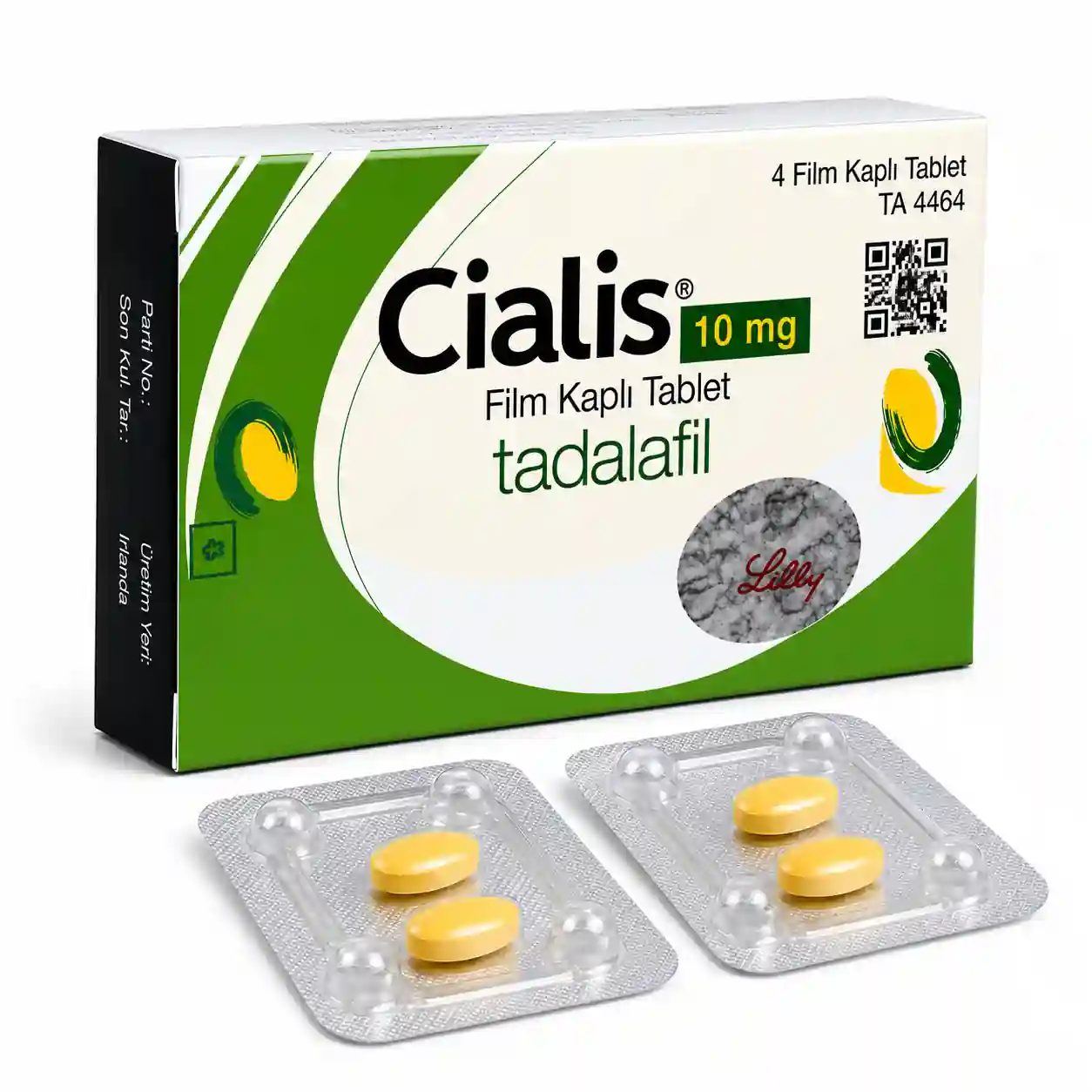 Cialis 10 mg 4 tabletlik ilaç kutusu, ön yüzde ürün adı ve doz bilgisi görünüyor