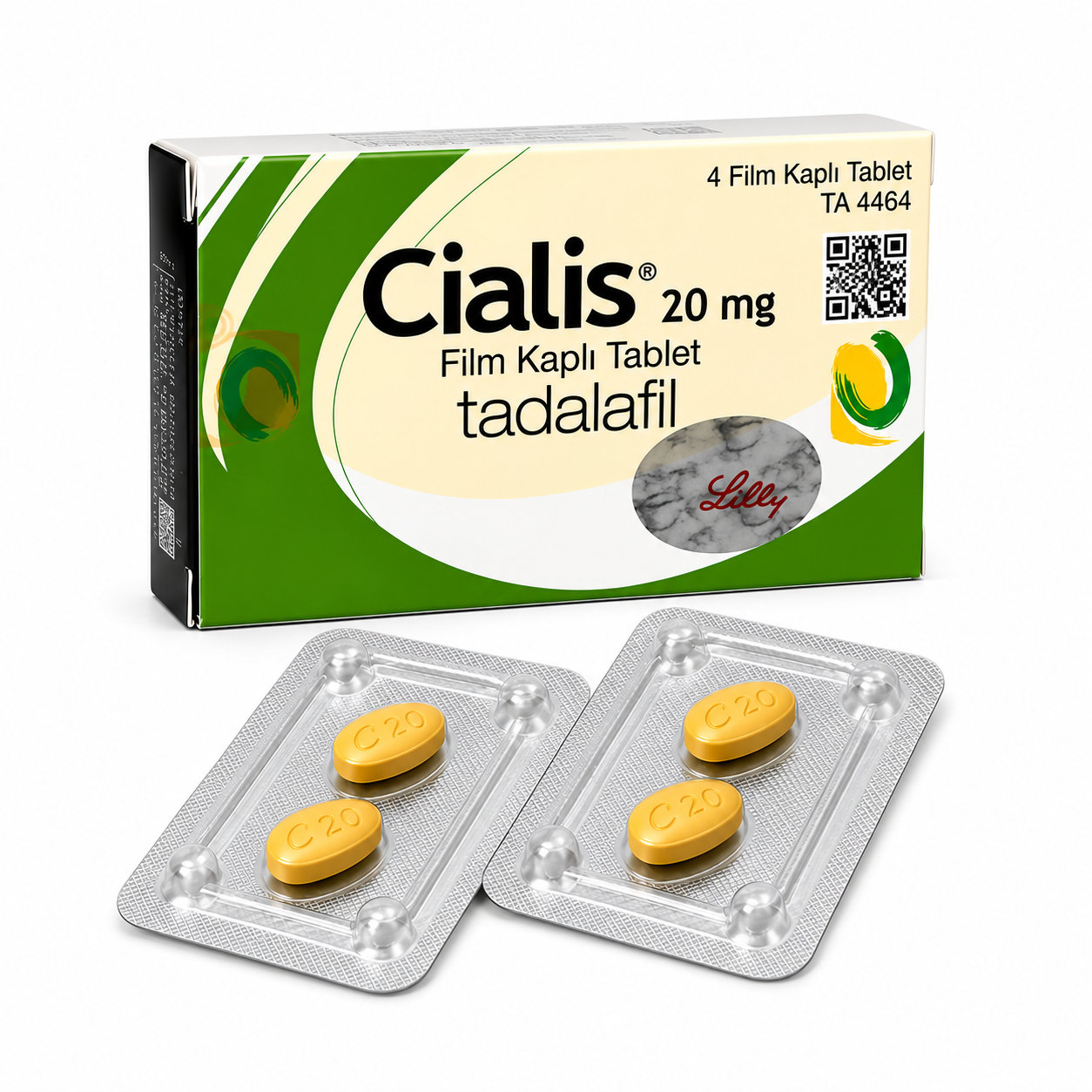 Cialis 20 mg 4 tabletlik ilaç kutusunun ön yüzü