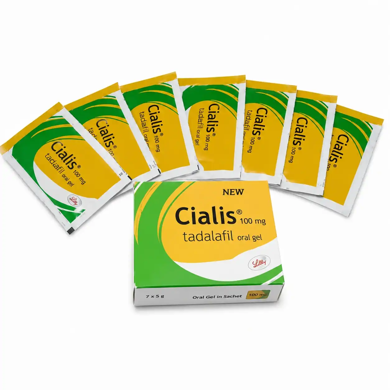 Cialis 100 mg oral jel 7'li paket kutusu ve yanında tek kullanımlık jel saşeleri