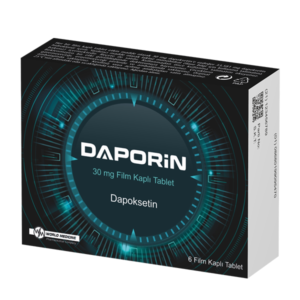 Daporin 30 mg 30 tablet ilaç kutusu, ön yüzünde ürün adı ve dapoksetin etkin madde bilgisi görünüyor
