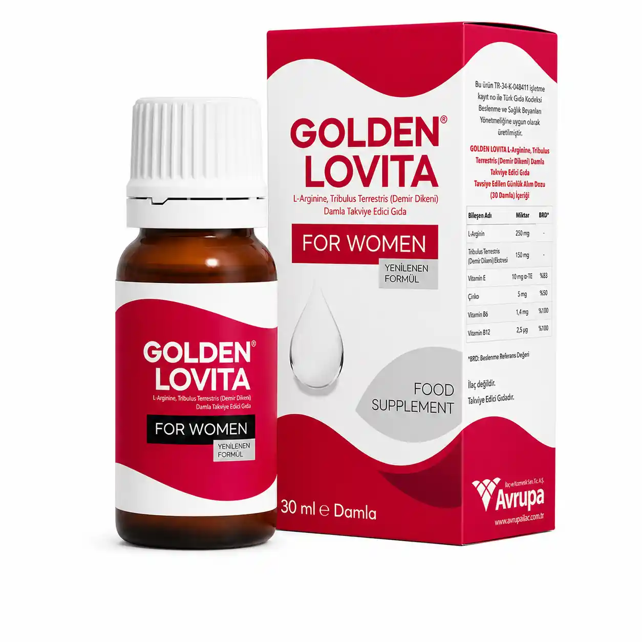 Golden Lovita 20 ml damla şişesi ve ürün kutusu, kadınlara yönelik bitkisel içerikli takviye ürünü