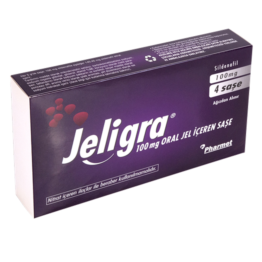 Jeligra 100 mg sildenafil içeren oral jel ürününün ambalajı ve tek kullanımlık jel sachetleri