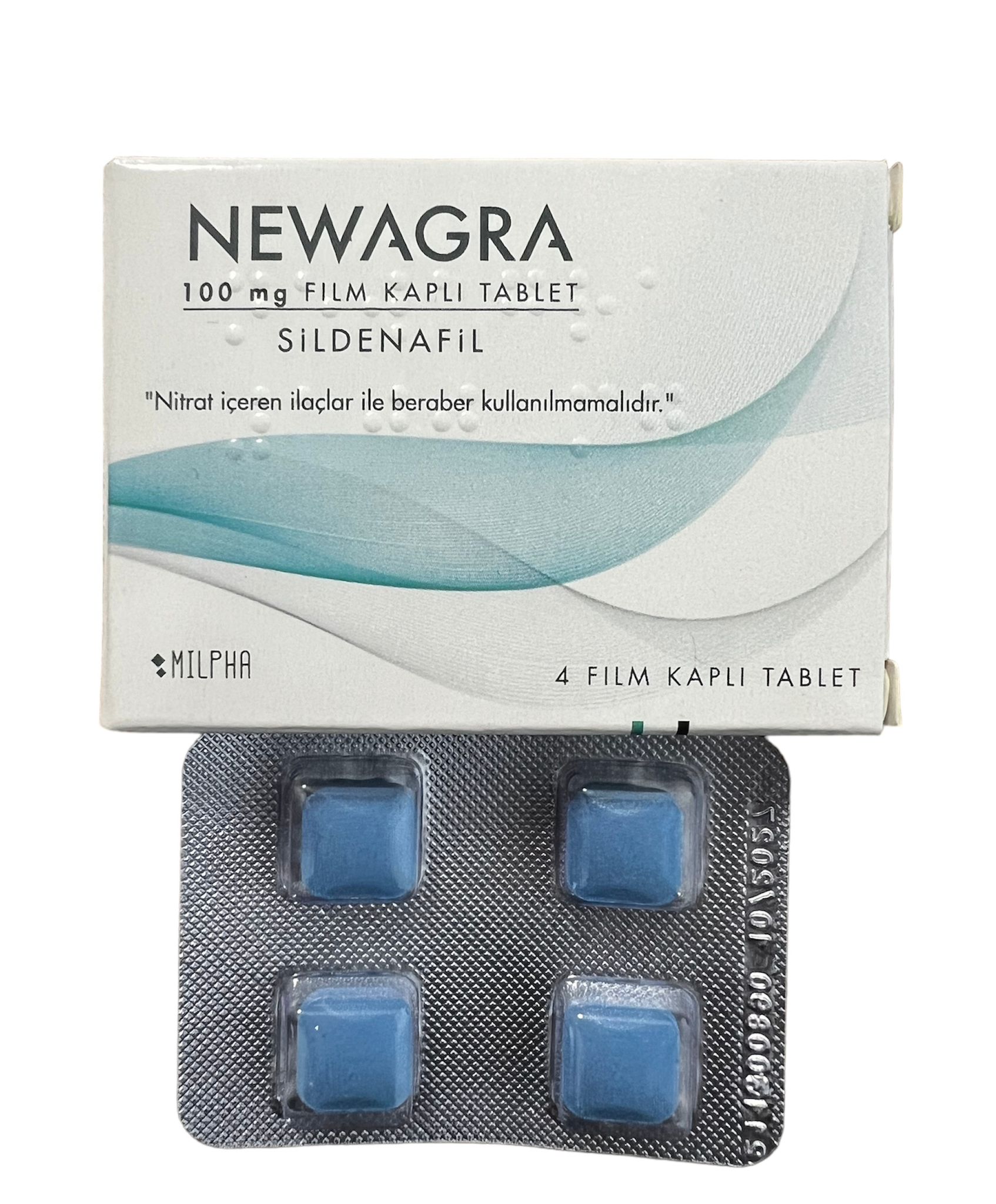 Newagra 100 mg 4 film kaplı tablet içeren ürün kutusu ve blister ambalaj