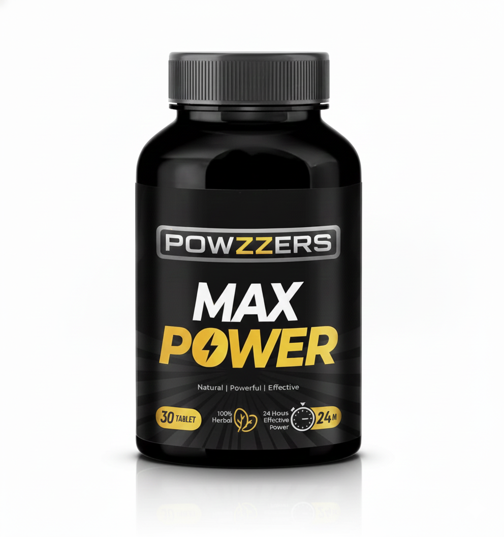 Powzzers Max Power 30 tabletlik gıda takviyesi ürün kutusunun ön yüzden görünümü