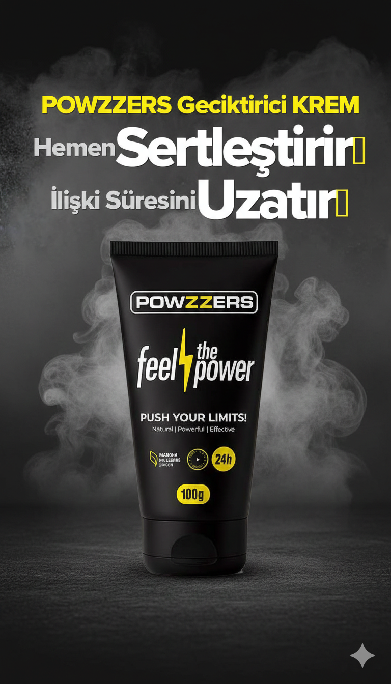 Powzzers Krem geciktirici ve sertleştirici kremin ambalajı ve tüpü, sade arka plan önünde ürün görseli