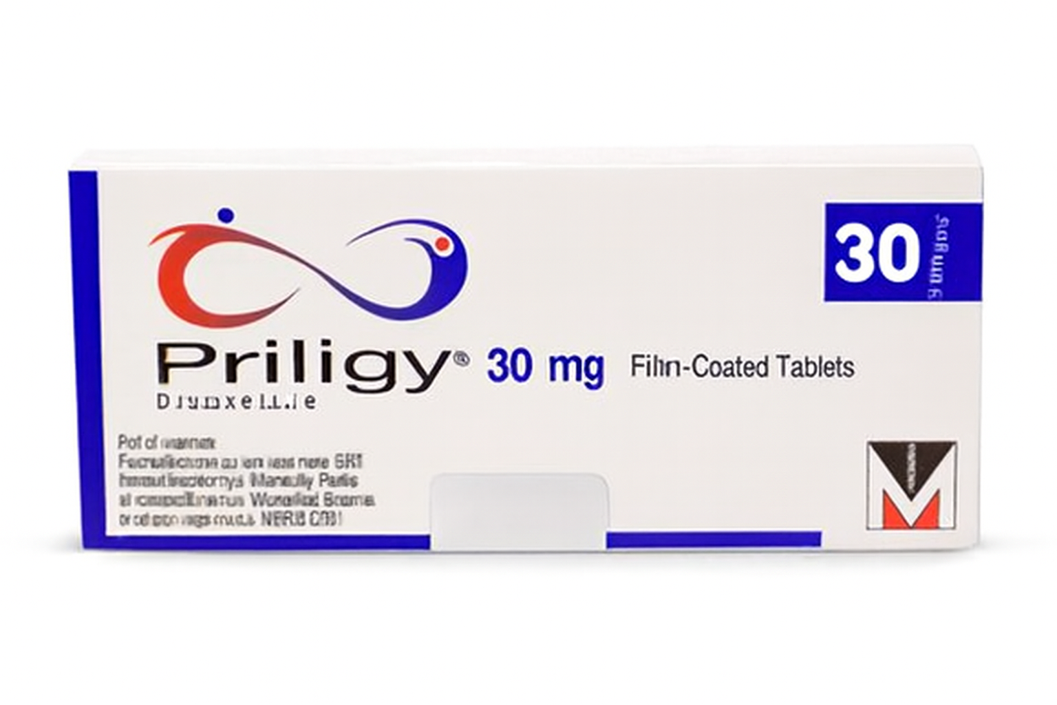 Priligy 30 mg 30 tablet ilaç kutusunun ön yüzden görünümü