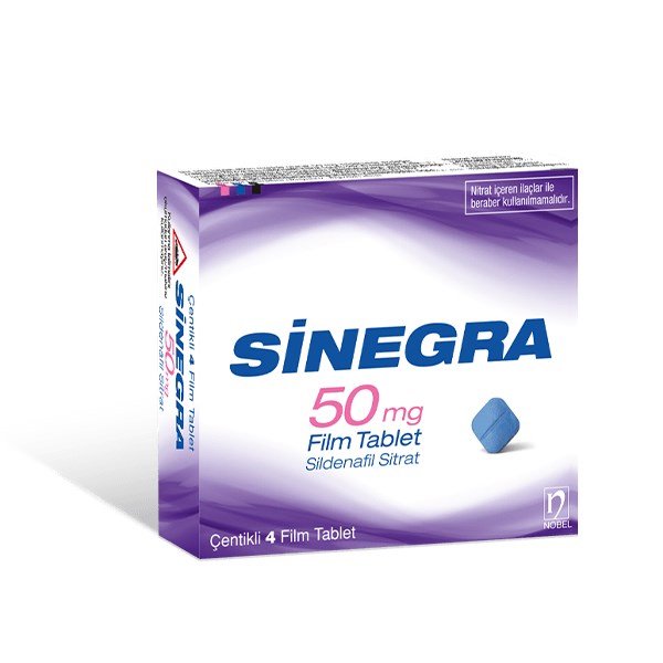 Sinegra 50 mg 4 tabletlik ilaç kutusunun ön yüzden görünümü