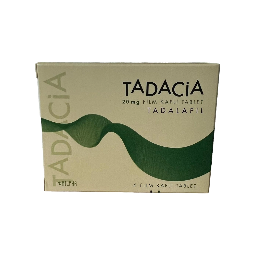 Tadacia 20 mg 4 film kaplı tablet içeren blister ambalaj ve karton ürün kutusu