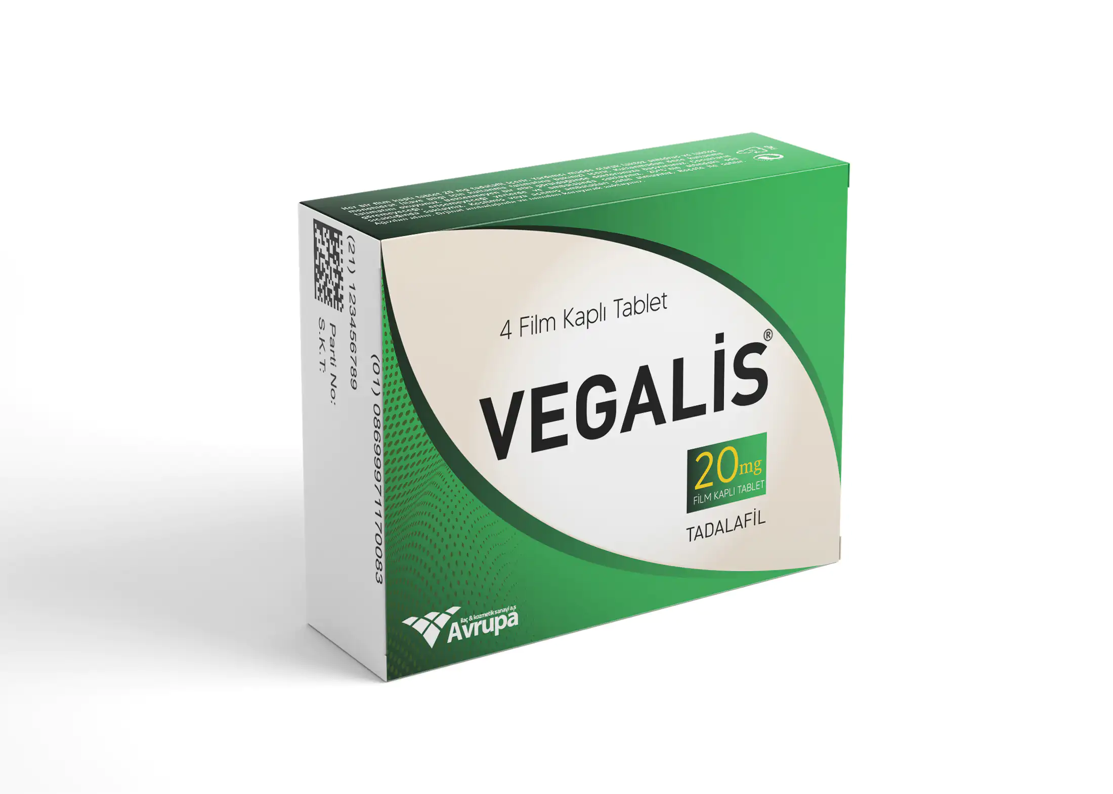 Vegalis 20 mg 4 film kaplı tablet ürün kutusu ve blister ambalajı