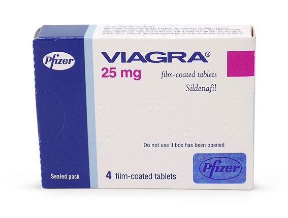 Viagra 25 mg 4 tablet içeren ilaç kutusu ve blister ambalaj görseli