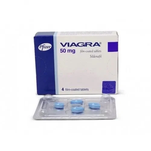 Viagra 50 mg 4 tabletlik ilaç kutusu ve yanında blister ambalaj görünümü