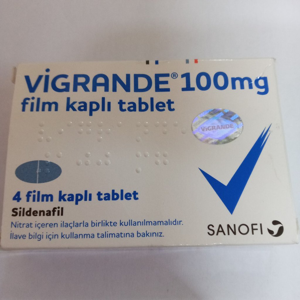 Vigrande 100 mg sildenafil içeren 4 tabletlik ilaç kutusunun ön yüzü