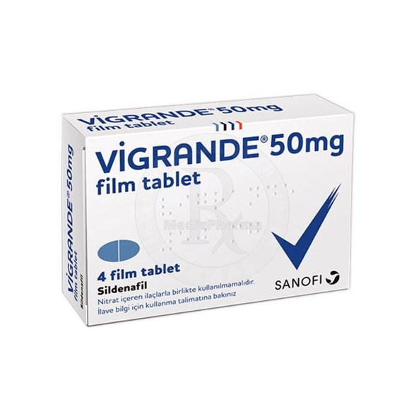 Vigrande 50 mg 4 tabletlik ilaç kutusunun ön yüzden görünümü