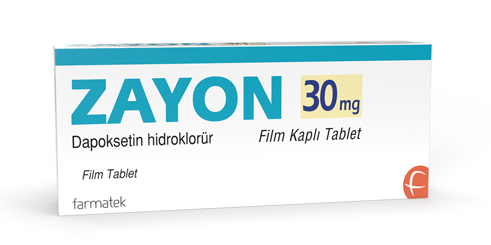 Zayon 30 mg 30 tablet ilaç kutusu ön yüzü, dapoksetin etken maddeli reçeteli ürün ambalajı