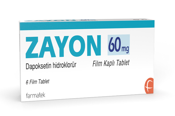 Zayon 60 mg 30 tablet ilaç kutusu, dapoksetin içerikli geciktirici tablet ambalajının ön görünümü